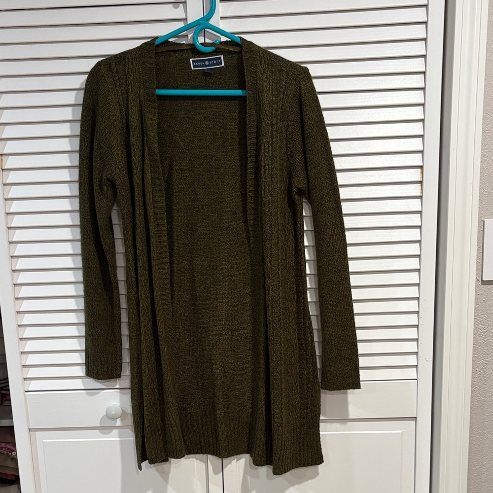 Karen Scott Deep Olive Open Front Cardigan